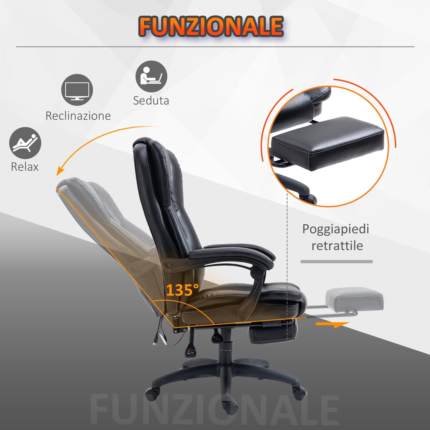 Height Adjustable Office Chair with 6 Massage Points, Faux Leather, 68.5x68. 5x113-121 cm, Black