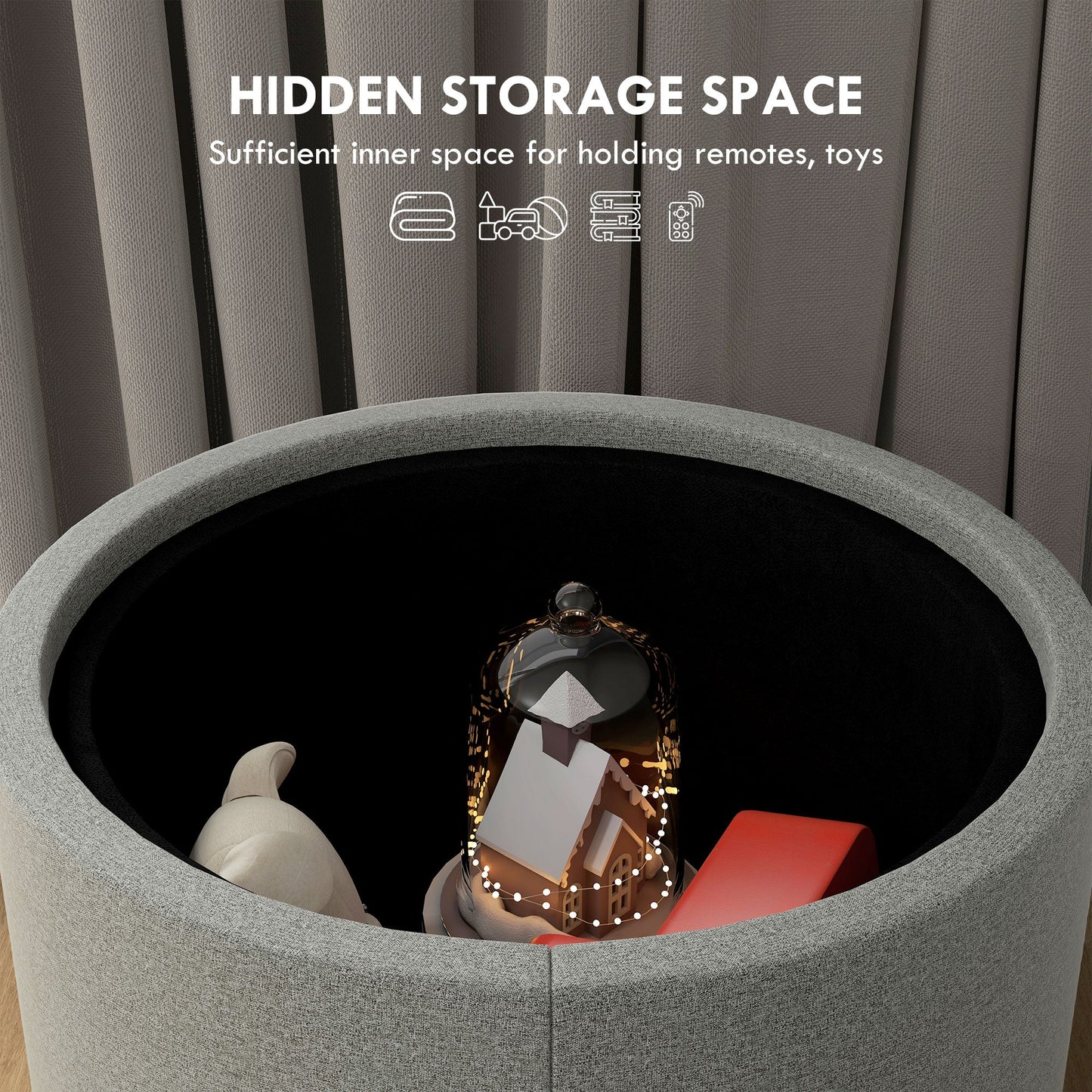 Linen Effect Storage Ottoman, 120 kg max, with Flip-Top Tray, in MDF, 56x56x42 cm, Grey