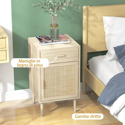 Set of 2 Bedside Tables for Bedroom with Drawer and Door in Boho Style Rattan, Wood Colour