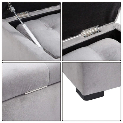 3 Piece Storage Bench Set with 2 Velvet Ottoman Stools, Pearl Grey