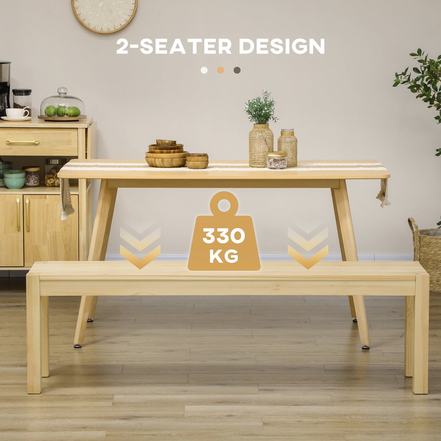 3-Seater Pine Wood Kitchen Bench, 150Lx33x45cm, Wood Color