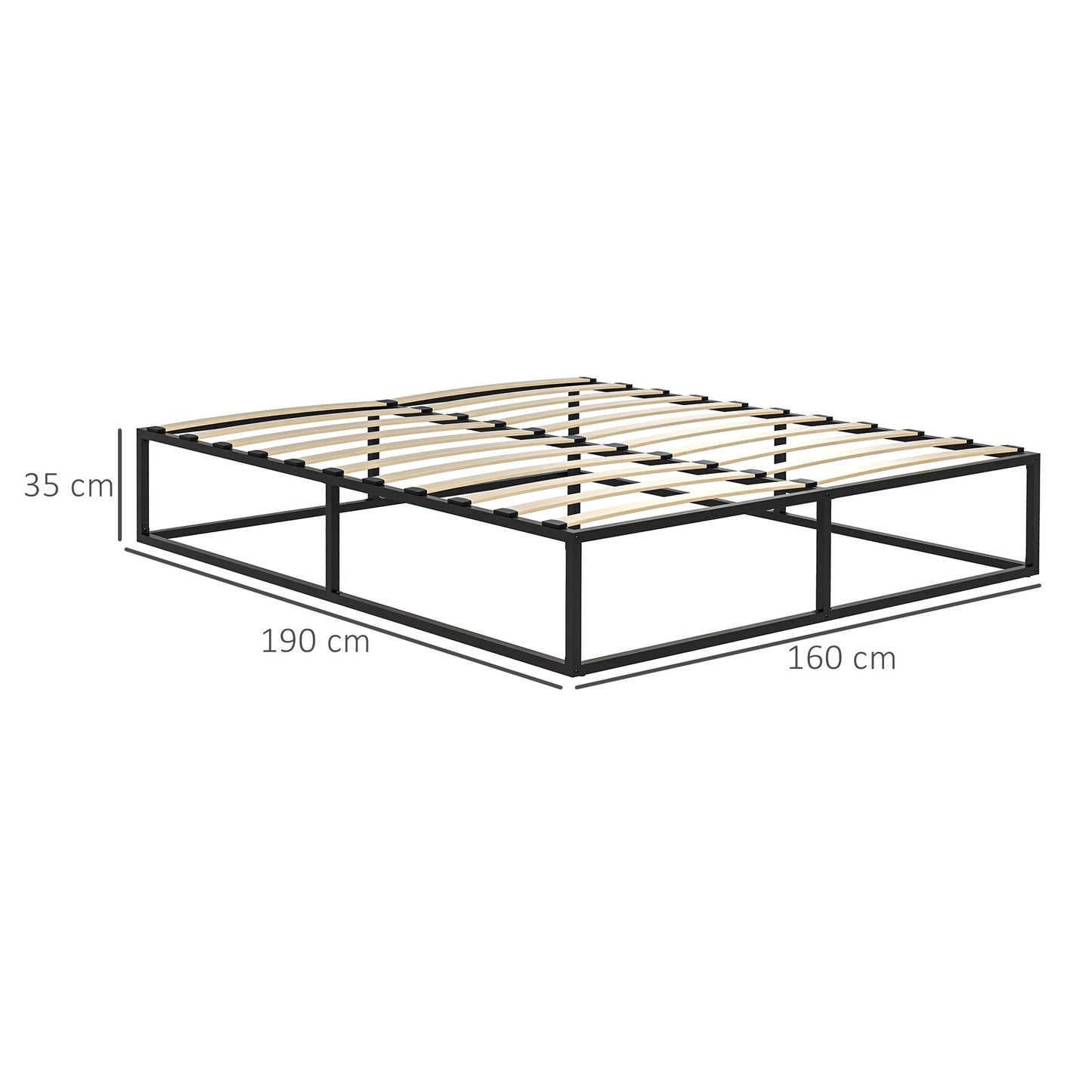 Bed Frame with Plywood Slats and Lower Container, 190x160x35cm, Black and Wood Color
