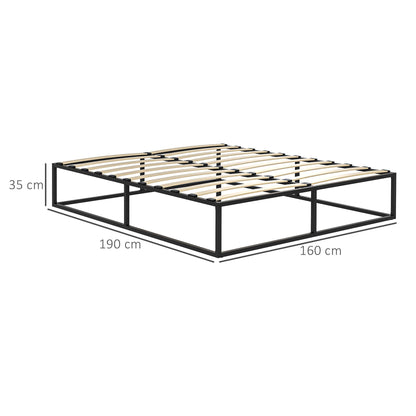Bed Frame with Plywood Slats and Lower Container, 190x160x35cm, Black and Wood Color