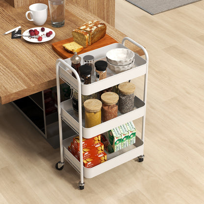 3-Tier Kitchen Cart with Handles and 4 Wheels, Steel, 45x30.6x79 cm, White