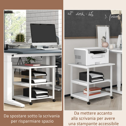 3-Tier Printer Cart with 4 Wheels, Wood and Steel, 50x50x52.5cm, White