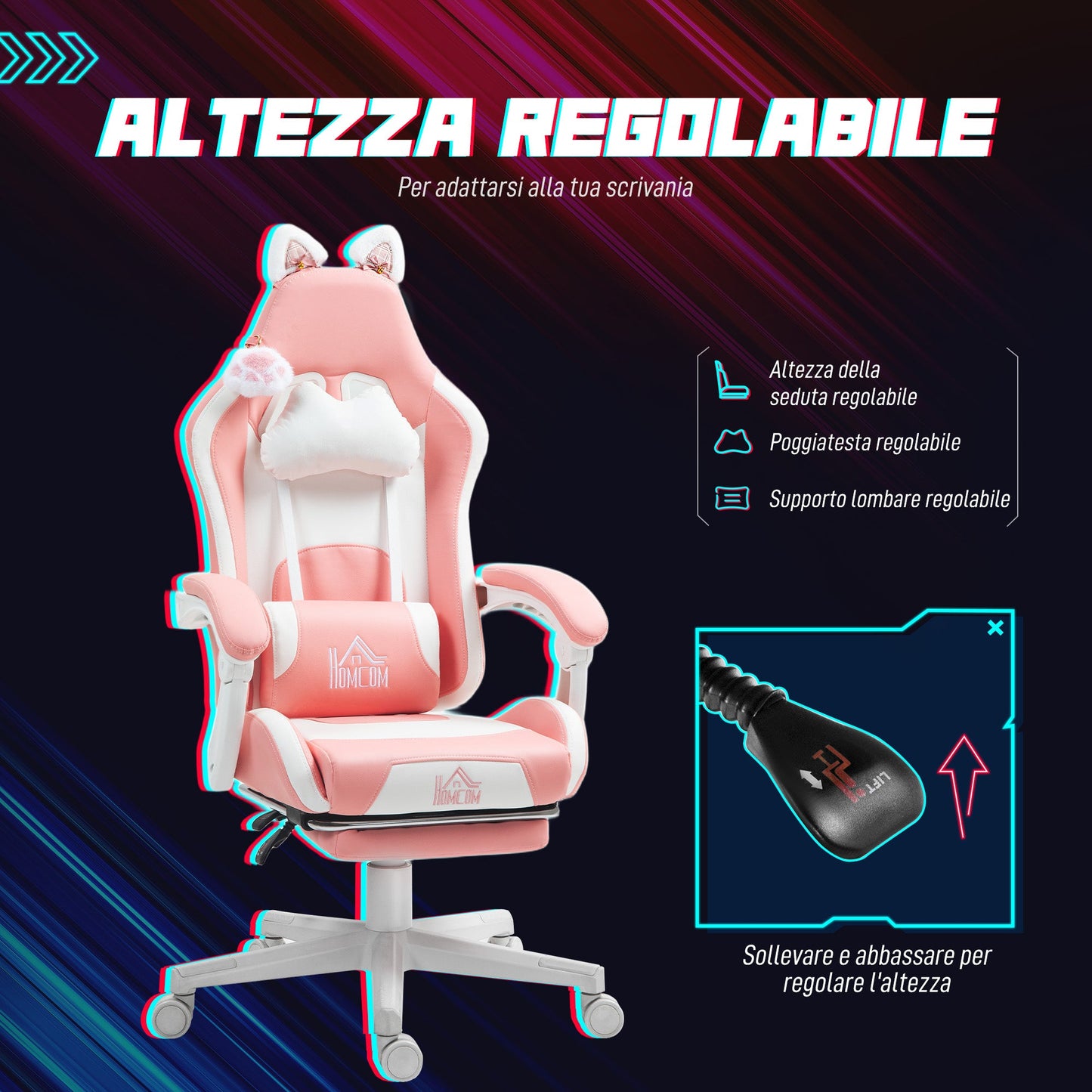 Ergonomic Cat Ear Gaming Chair with Footrest, Lumbar and Neck Support, Pink