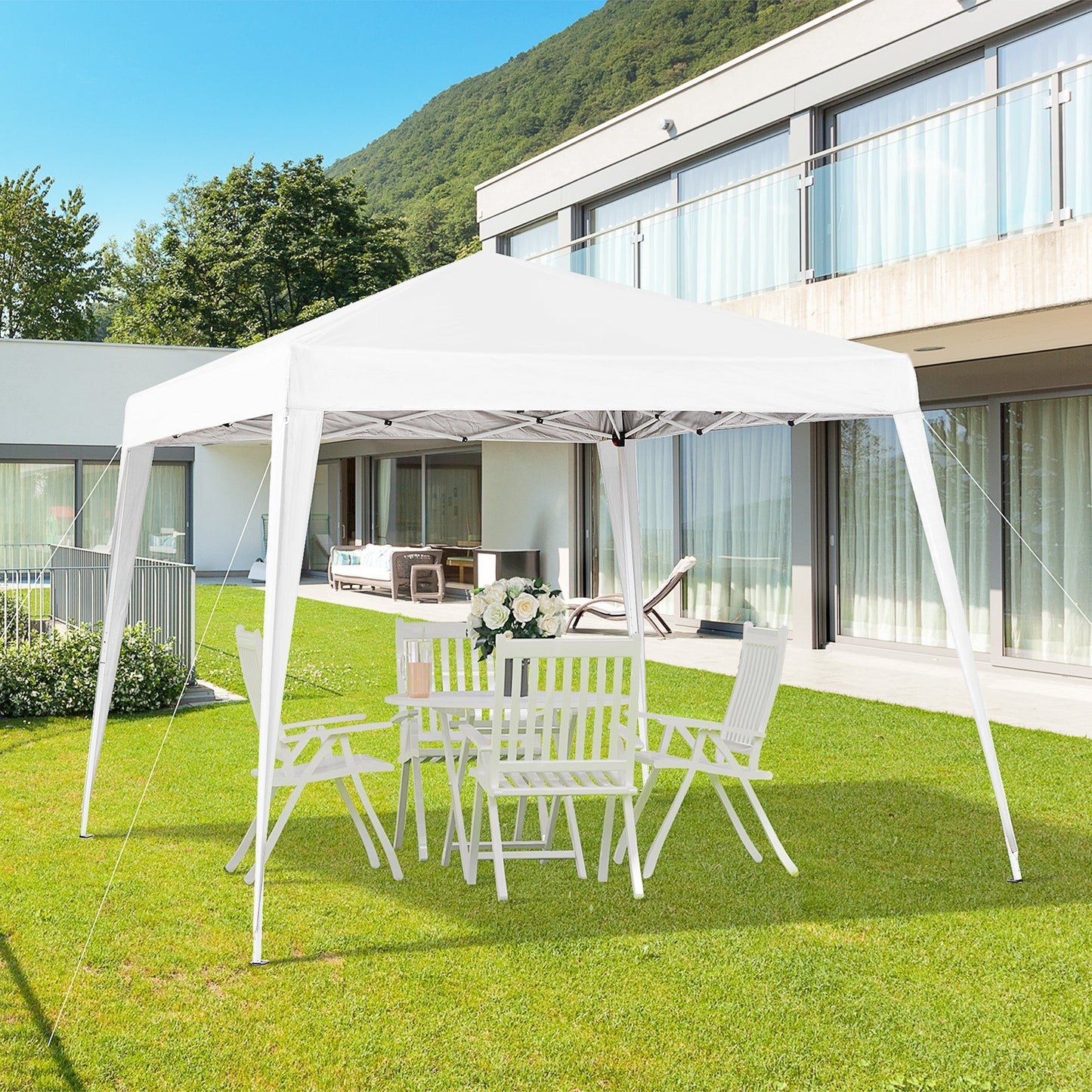 Pop up Foldable Garden Gazebo 2.4x2.4m with Steel Structure and Windproof Ropes, White