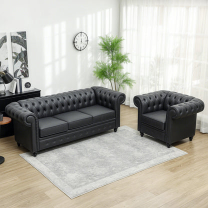 3-Seater Chesterfield Style Sofa Quilted with Pocket Springs, Faux Leather, 213x86x79 cm, Black