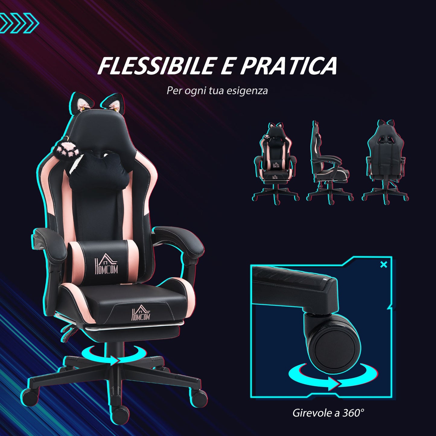 Reclining Gaming Chair with Footrest and Cushions, Faux Leather and Sponge, 65x62x116-124 cm, Pink and Black