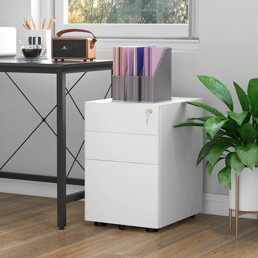 Office Chest 3 Steel Drawers with Lock and Wheels, 39x48x59cm, White