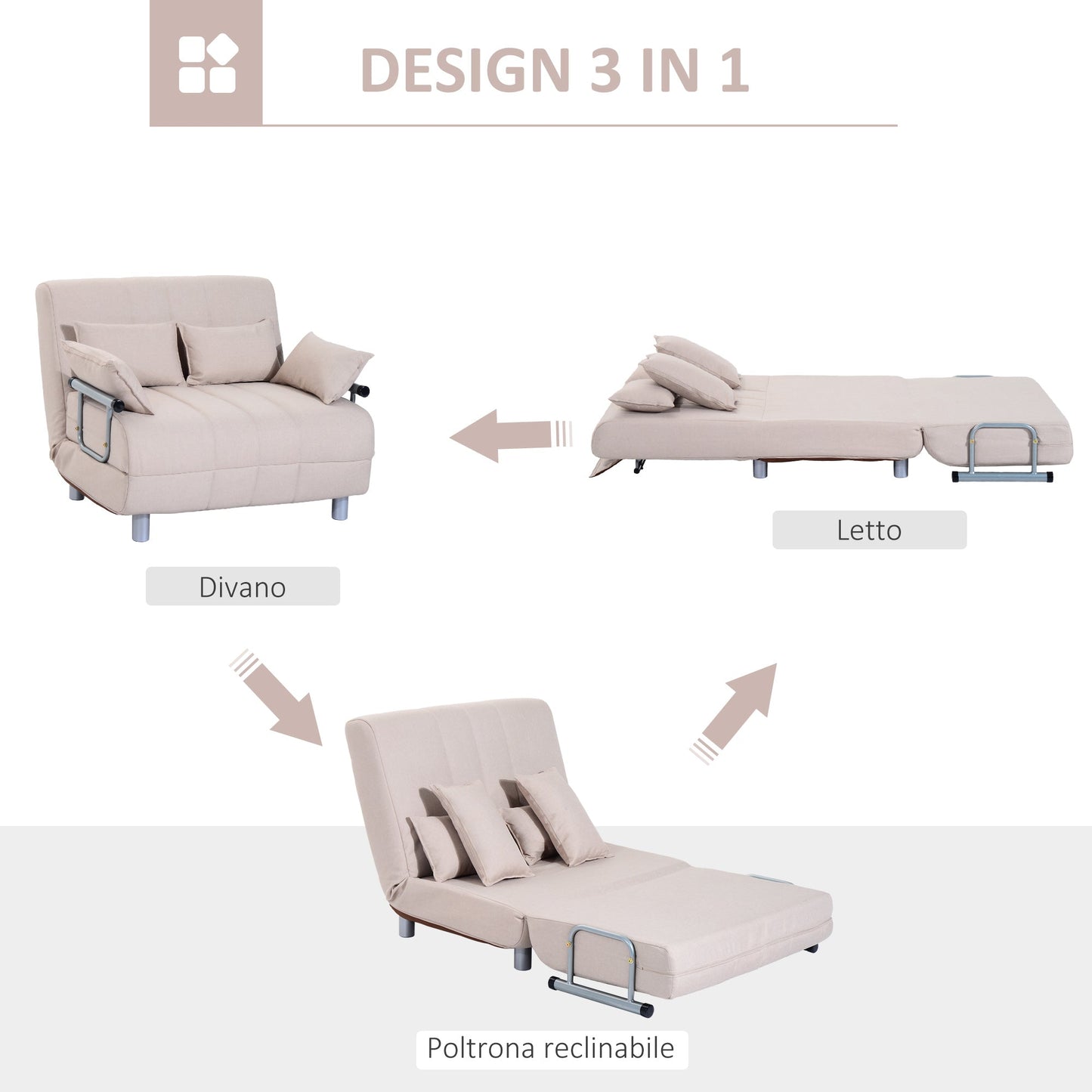 3 in 1, 2 Seater Sofa Bed Convertible to Recliner with Adjustable Backrest and 4 Padded Cushions, 102x82x81 cm, Beige