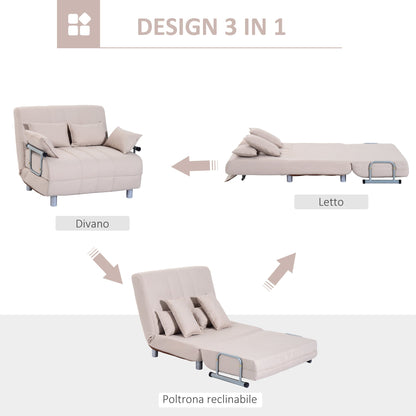 3 in 1, 2 Seater Sofa Bed Convertible to Recliner with Adjustable Backrest and 4 Padded Cushions, 102x82x81 cm, Beige
