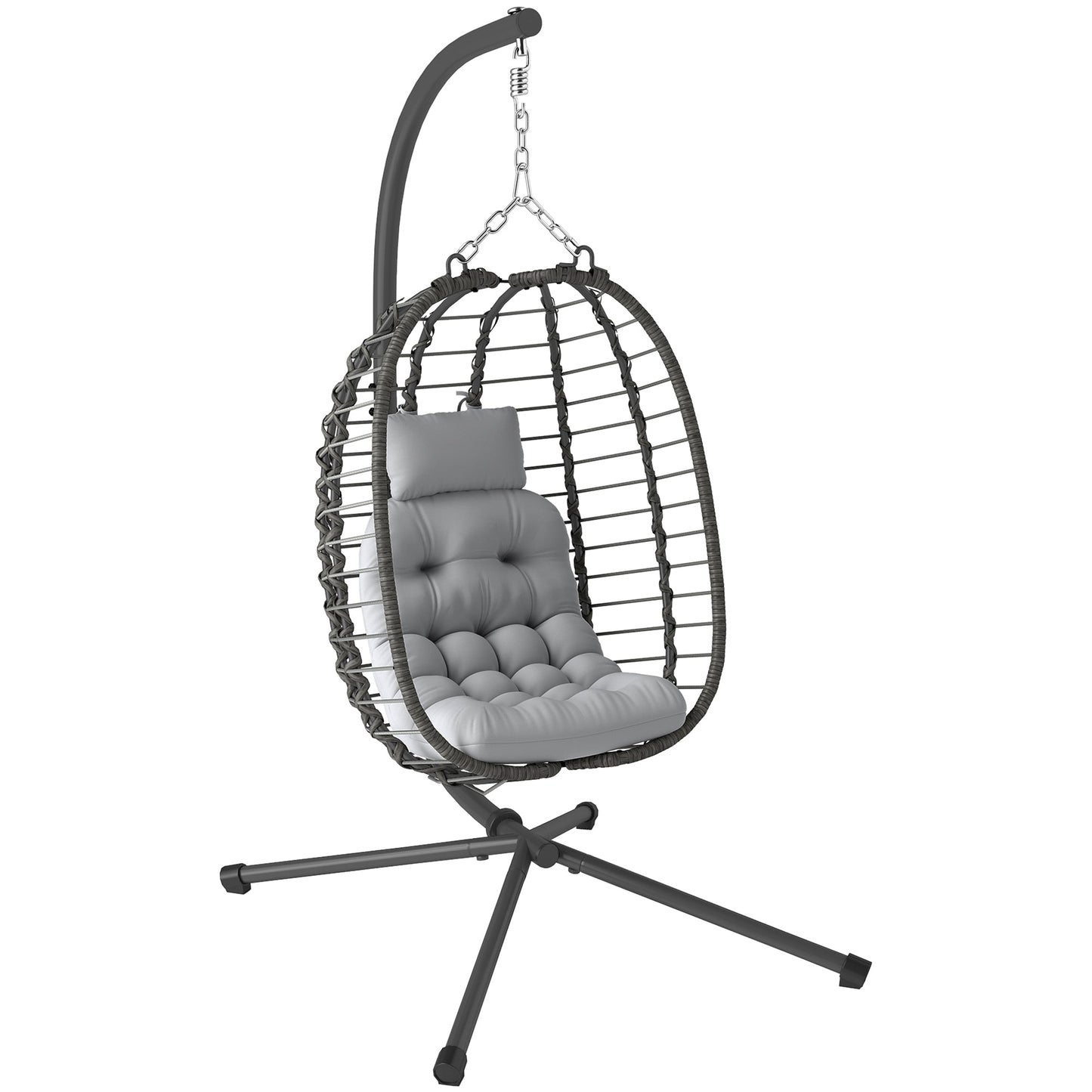 Rattan Hanging Egg Chair with Cushion and Headrest, Adjustable Height and Foldable Seat, Grey