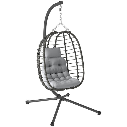 Rattan Hanging Egg Chair with Cushion and Headrest, Adjustable Height and Foldable Seat, Grey