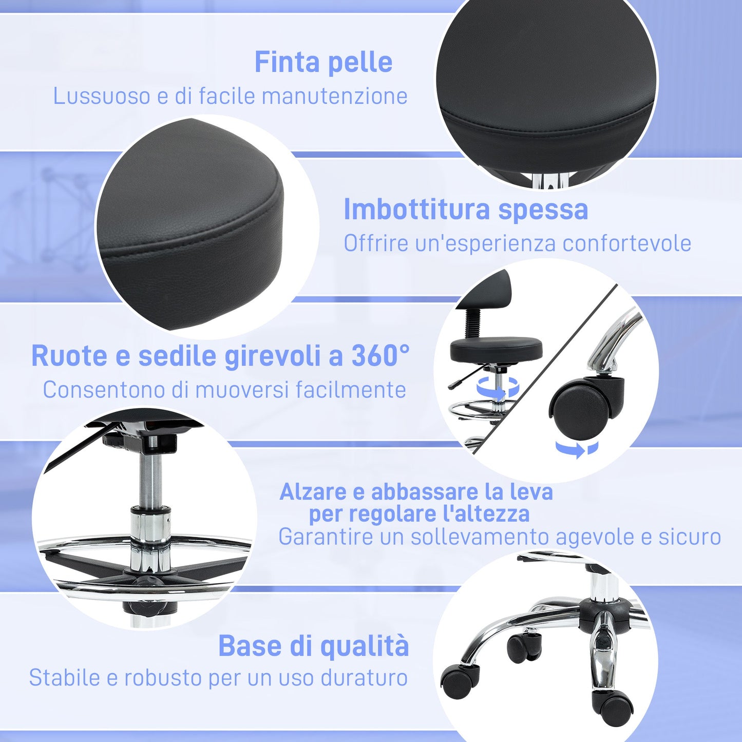 Height-Adjustable Swivel Chair with Footrest, in Steel, Faux Leather and Foam, 52x52x78-92 cm, Black