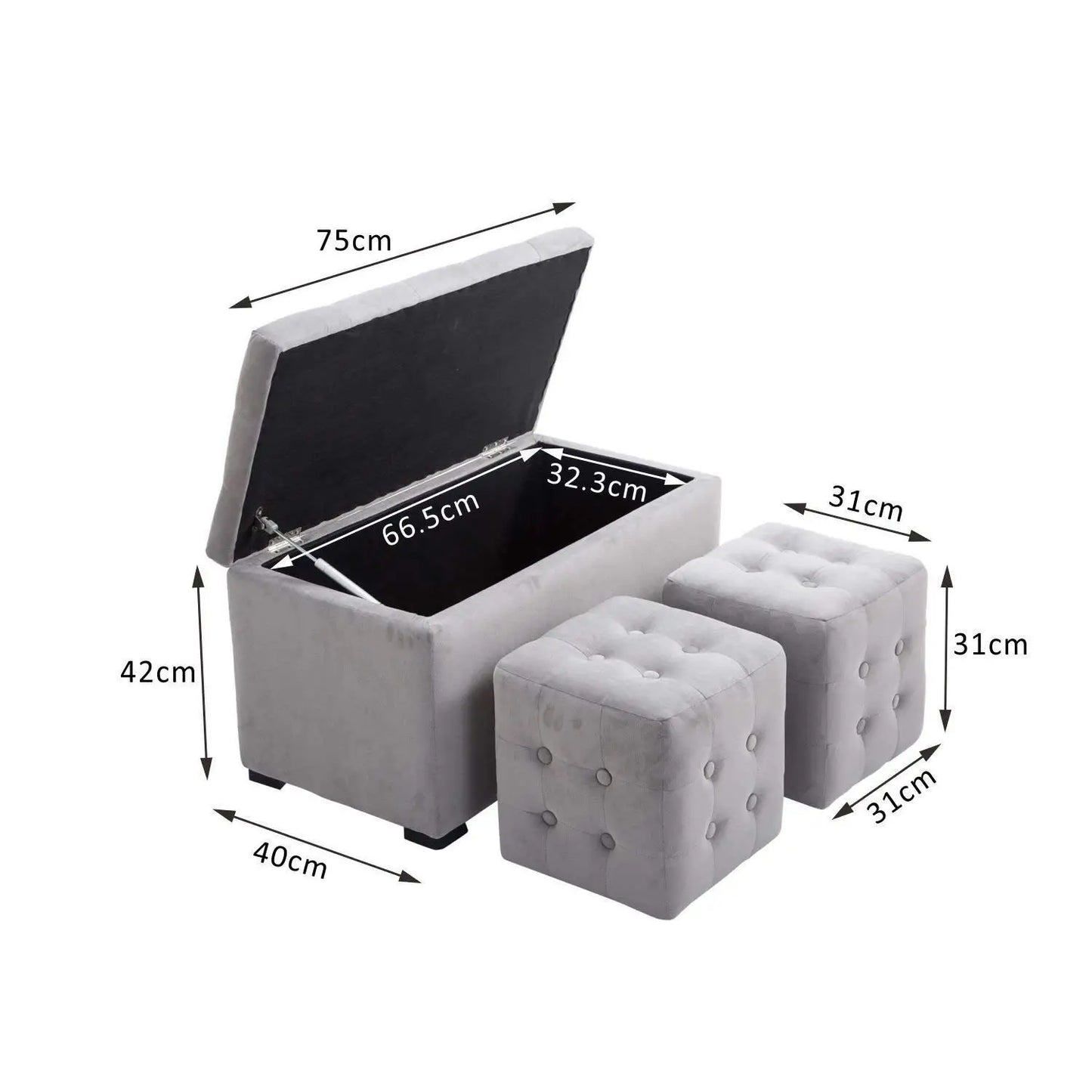 3 Piece Storage Bench Set with 2 Velvet Ottoman Stools, Pearl Grey