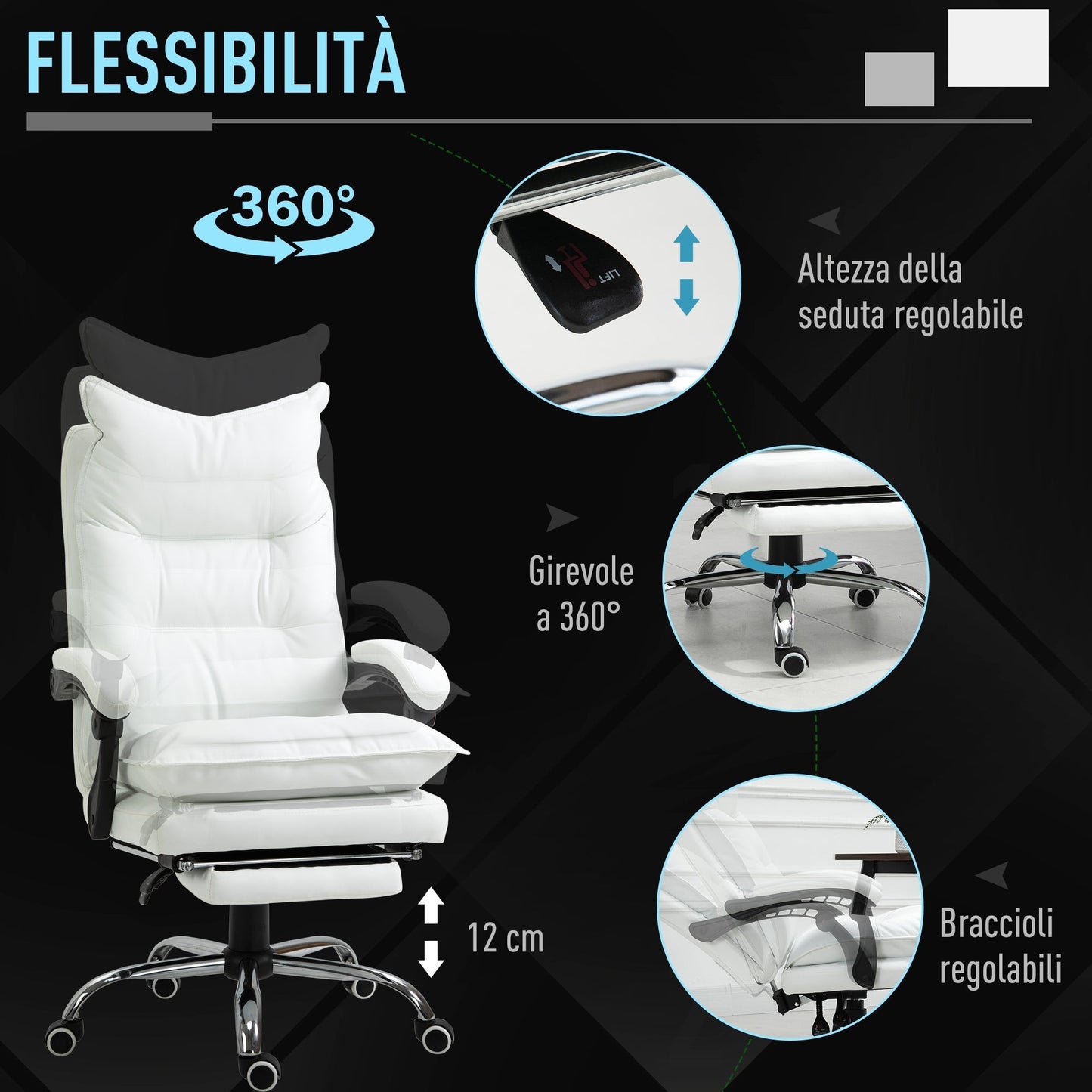 White Faux Leather Office Chair, Adjustable Height with 155° Reclining Backrest and Footrest