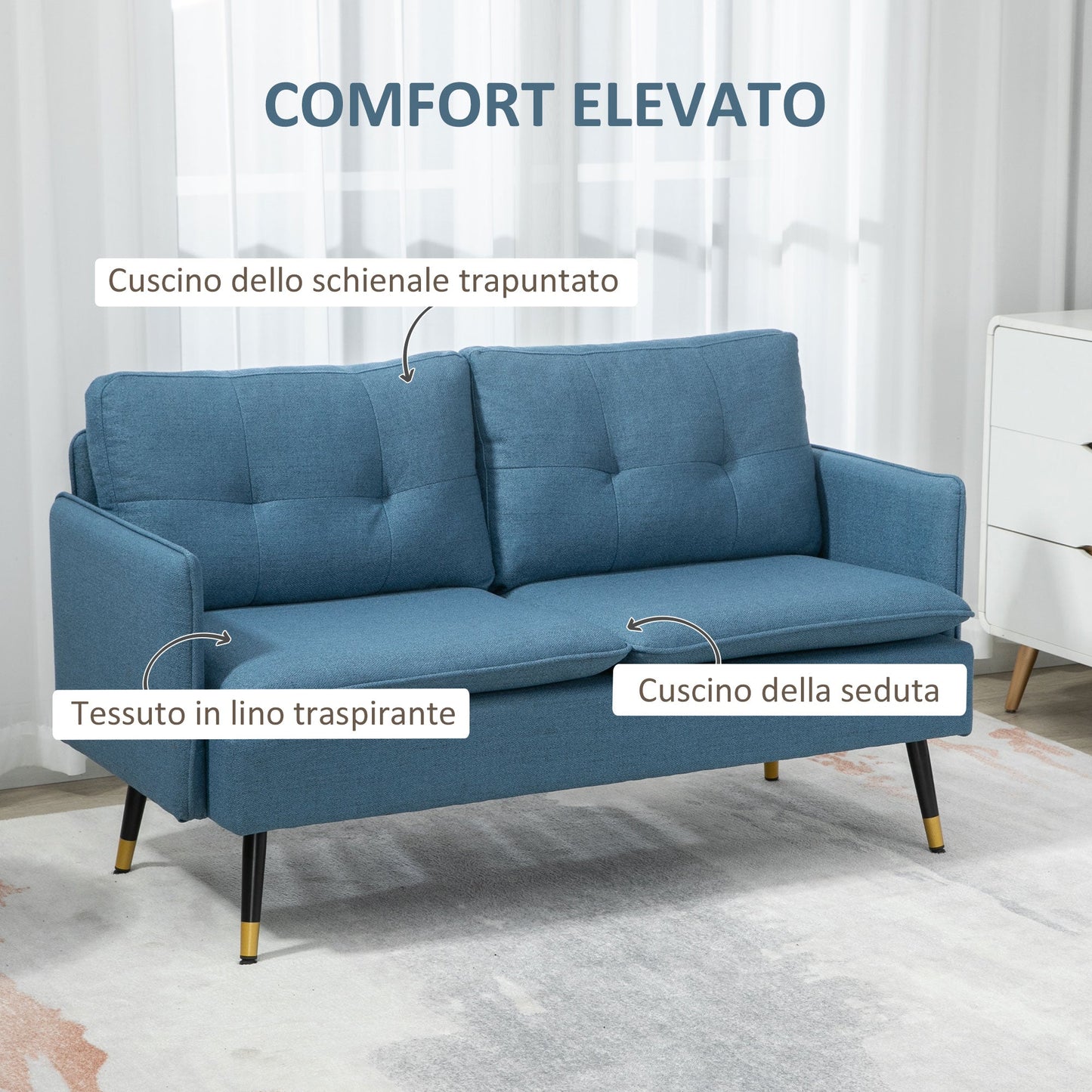 2 Seater Fabric Sofa with Padded Cushions and Steel Legs 139x68x80cm, Dark Blue
