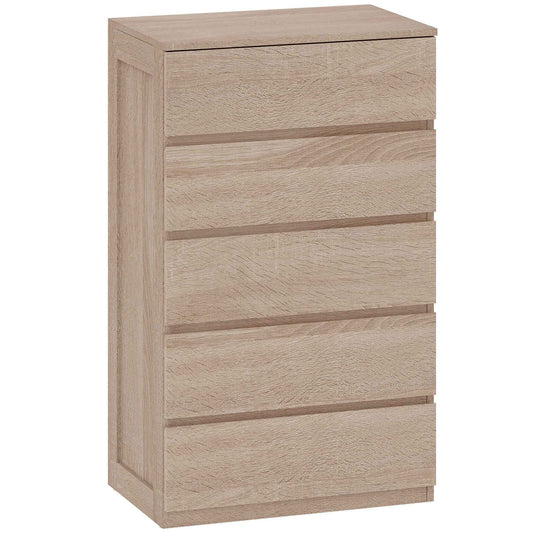 5-Drawer Wooden Chest of Drawers with Metal Rails and Grooved Handles, 60x39x100 cm, Beech Color