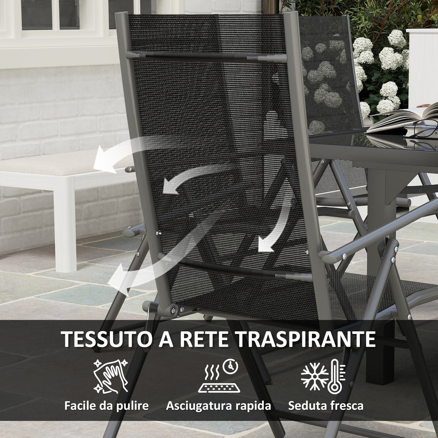 Garden Set with Extendable Glass Table and 6 Folding Outdoor Chairs, Steel and Textilene, Grey