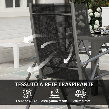 Garden Set with Extendable Glass Table and 6 Folding Outdoor Chairs, Steel and Textilene, Grey