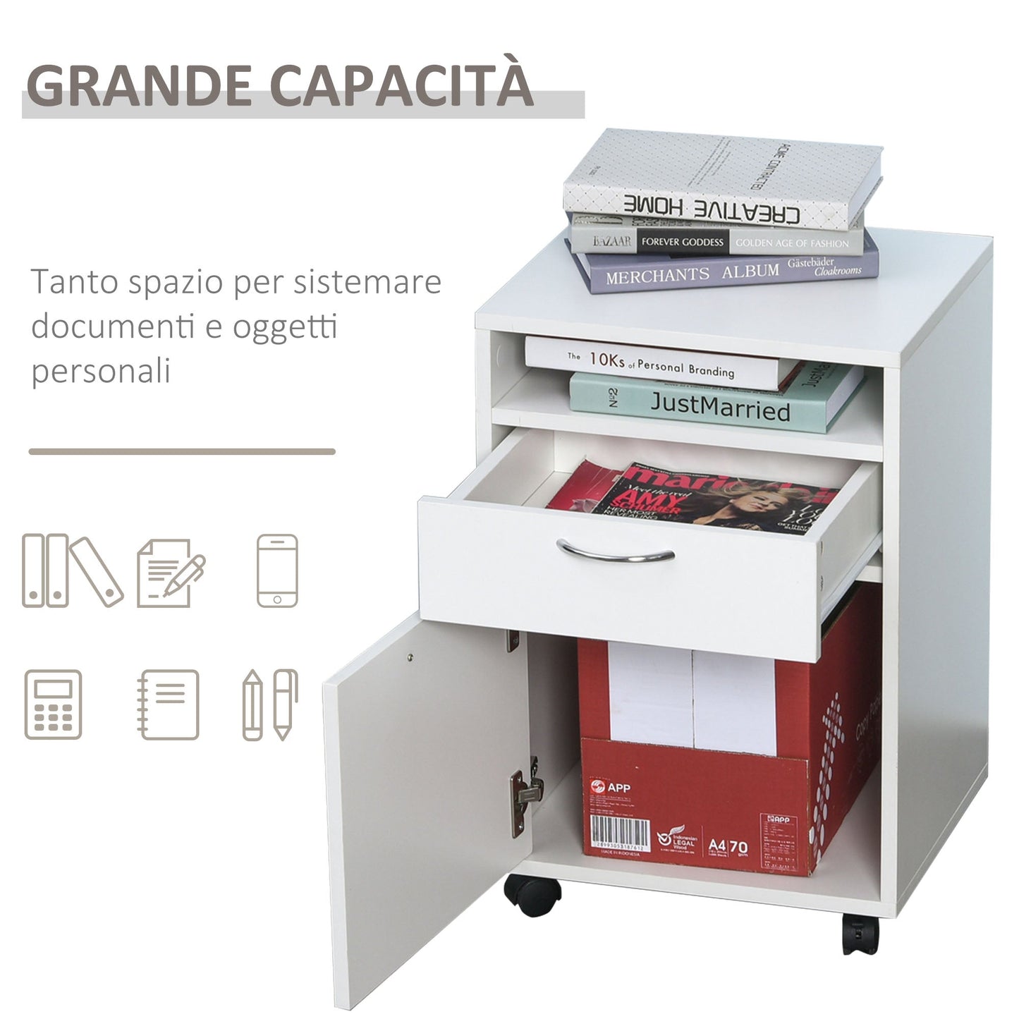 4-Wheel Office File Cabinet with Open Shelf and 2 Drawers, Wood and Metal Office Storage Unit, 40x35x60 cm, White