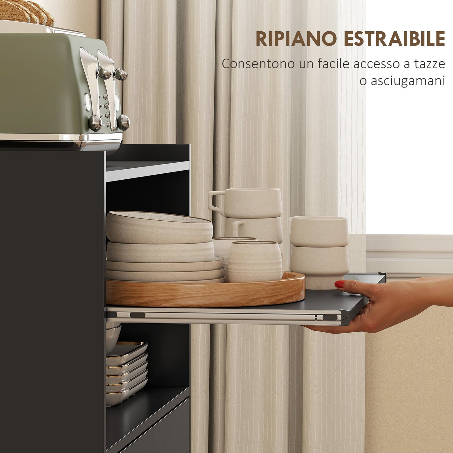 Wooden Microwave Cabinet with Drawer, 2-Door Cabinet and 2 Shelves, 59x40x92 cm, Black