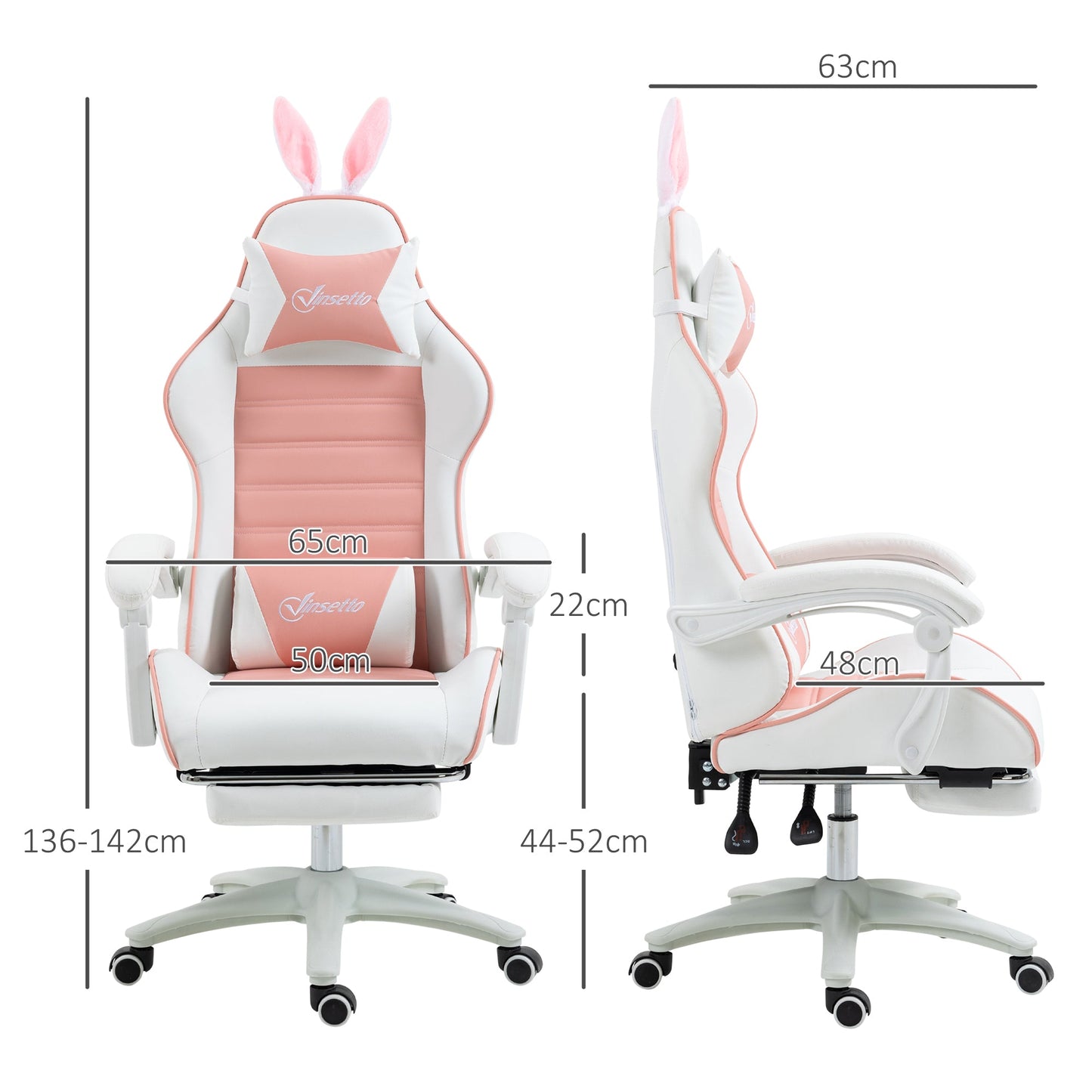 Ergonomic Gaming Chair with Ears, Removable Footrest, Lumbar Cushion and Headrest, Pink