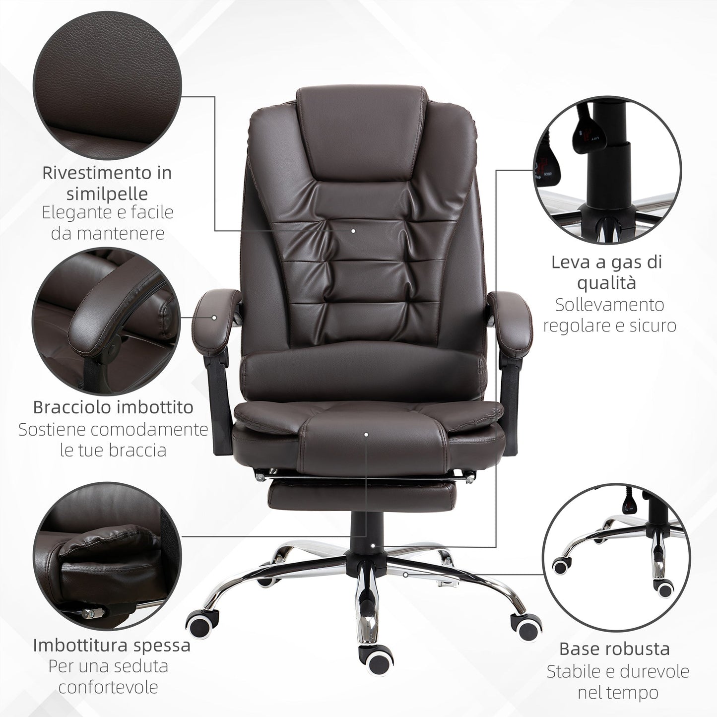 Presidential Style Reclining Office Chair with Footrest, 64.5x69x109-117 cm, Coffee