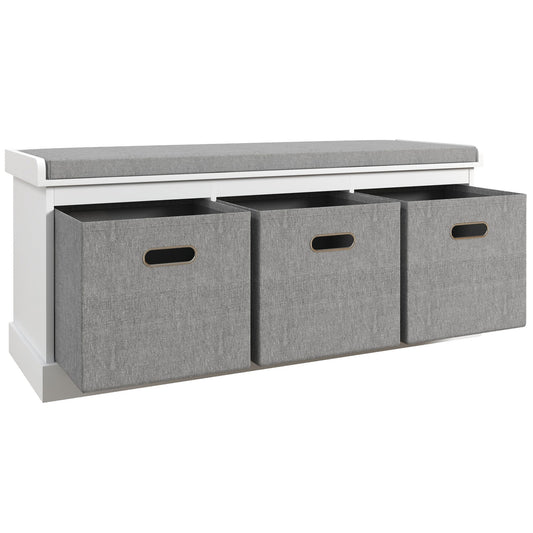 Wooden Shoe Bench with 3 Drawers and Fabric Seat for 3 Pairs of Shoes, 105x35x47 cm, White