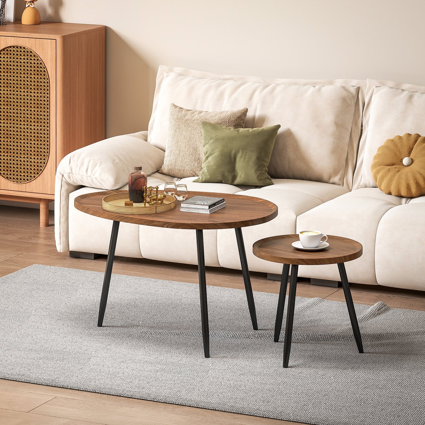 Set of 2 Nesting Coffee Tables in Wood and Metal, Dark Wood Color