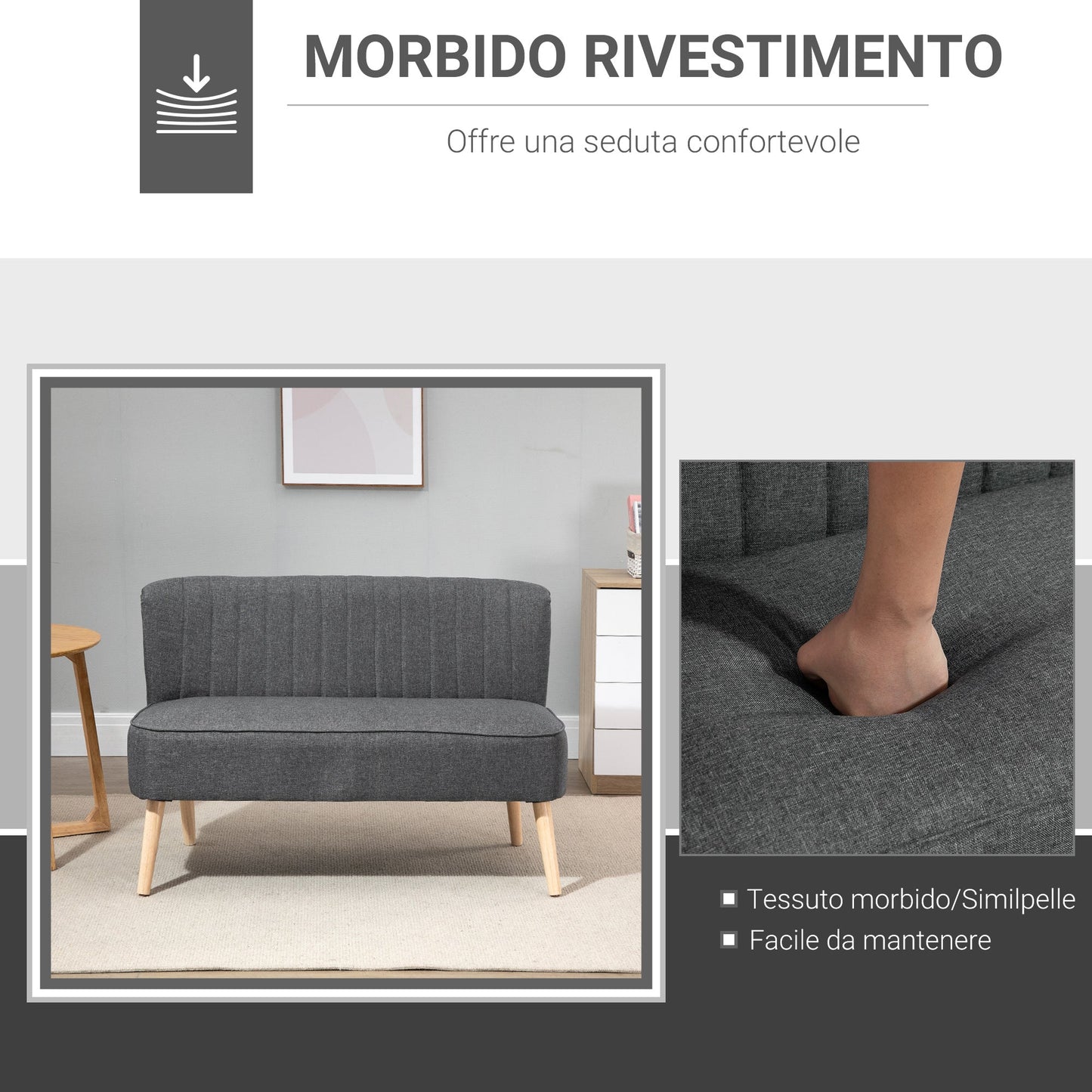 2 Seater Modern Fabric Sofa Without Armrests, Living Room Sofa with Wooden Legs, 117x56. 5x77 cm, Dark Grey