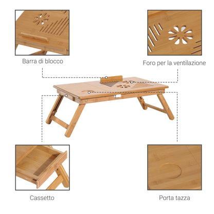 Bamboo Laptop Bed Tray with Cooling System, 55x35x22-32.5cm