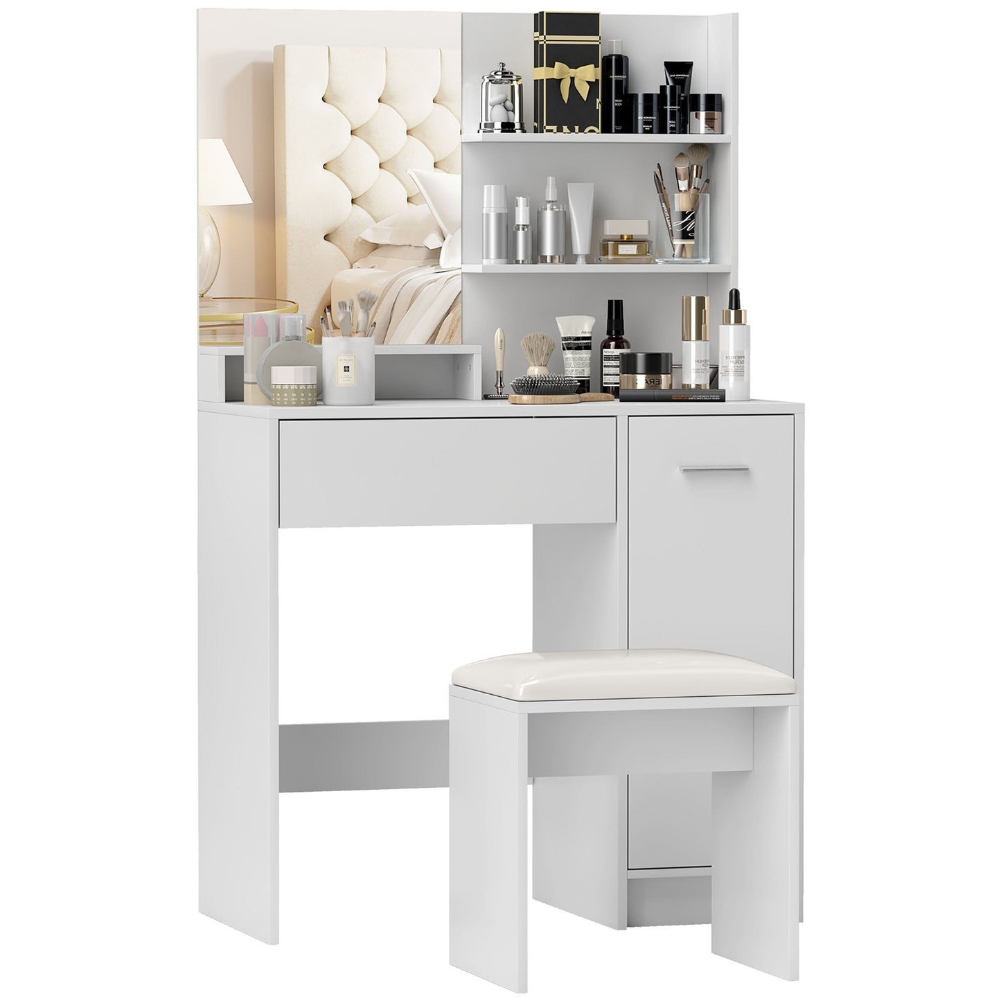 Dressing Table with Mirror and Stool, Drawer, Cabinet and Wooden Shelves, White
