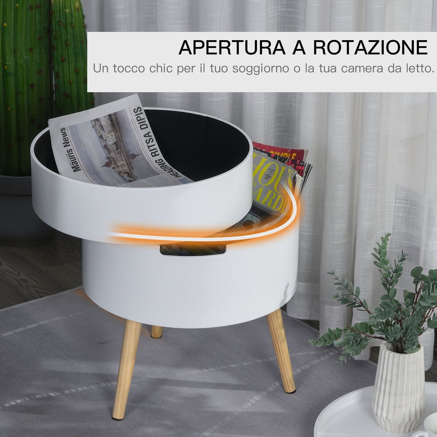 Round coffee table with rotation opening and removable white wood tray