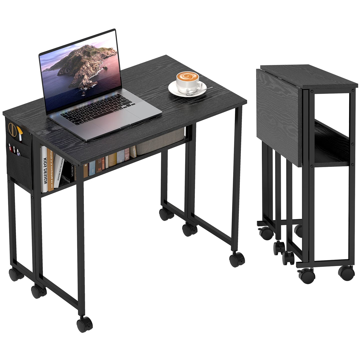 Space-Saving Folding Drop-Leaf Desk with Shelf, Storage Pocket and Wheels, Black
