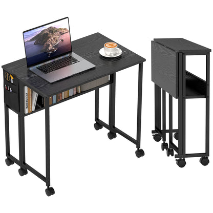 Space-Saving Folding Drop-Leaf Desk with Shelf, Storage Pocket and Wheels, Black
