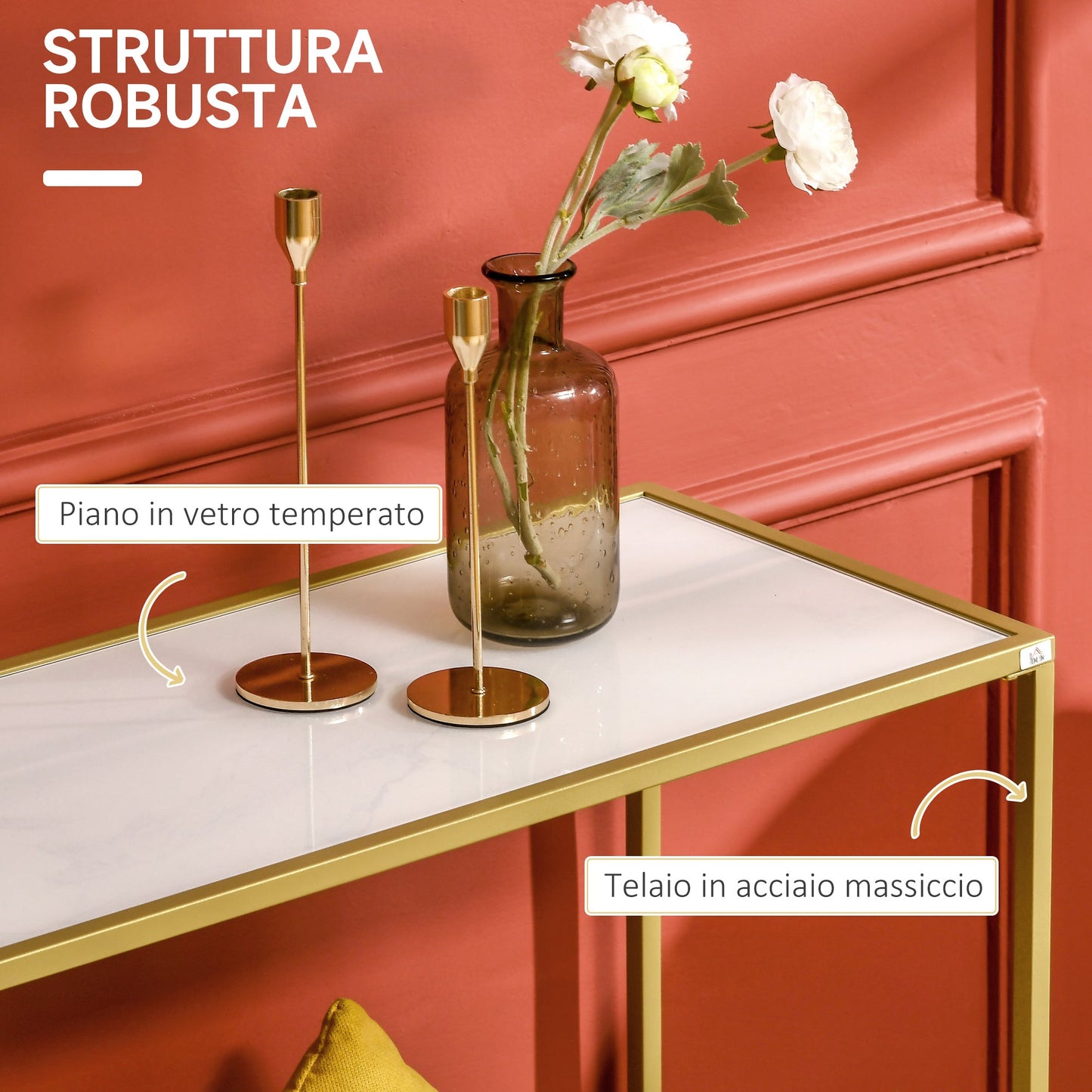 Console Table for Entrance in Steel and Tempered Glass, 100x35.5x80cm, White and Gold