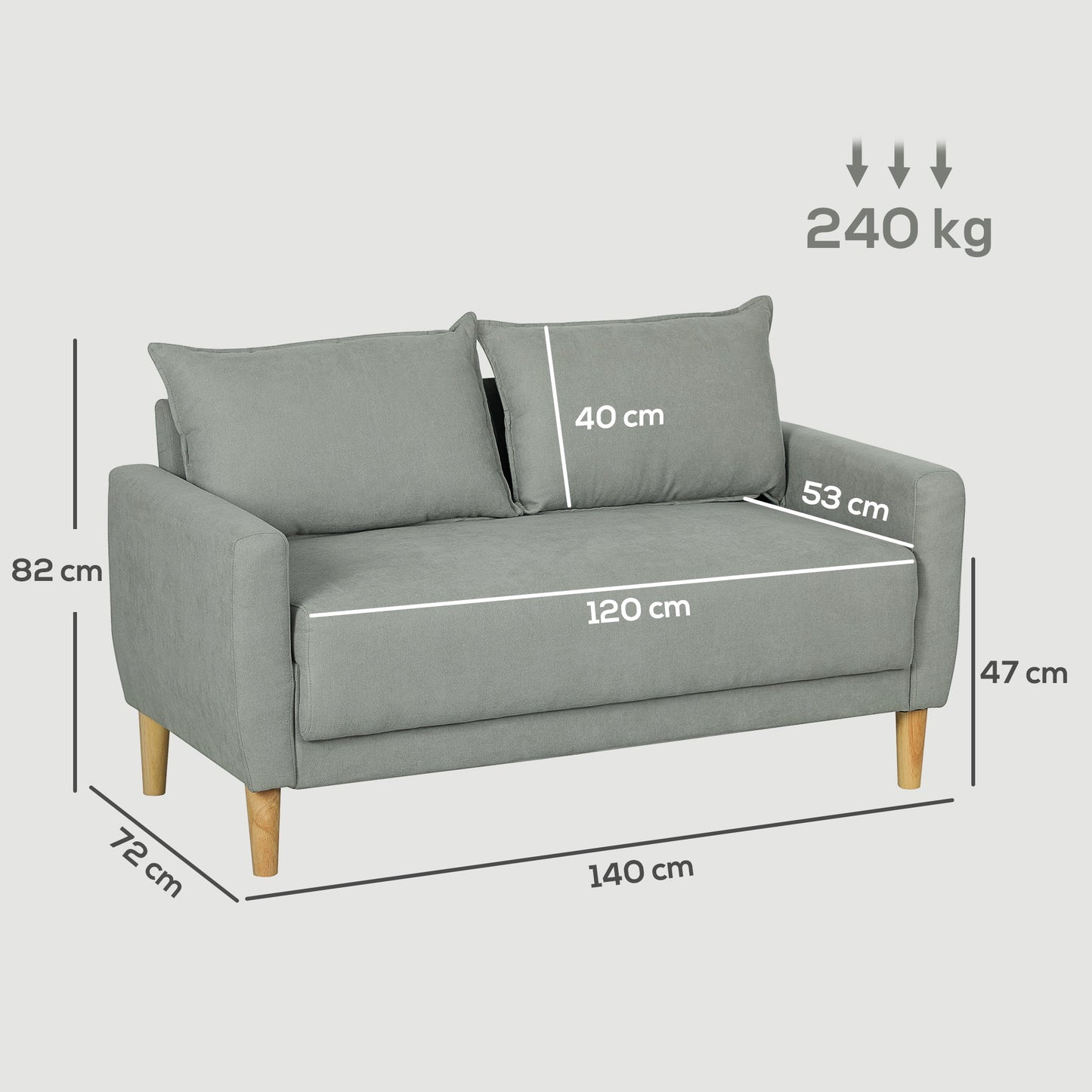 2 Seater Velvet Sofa with Lower Storage Compartment and Cushions, 140x72x82 cm, Grey