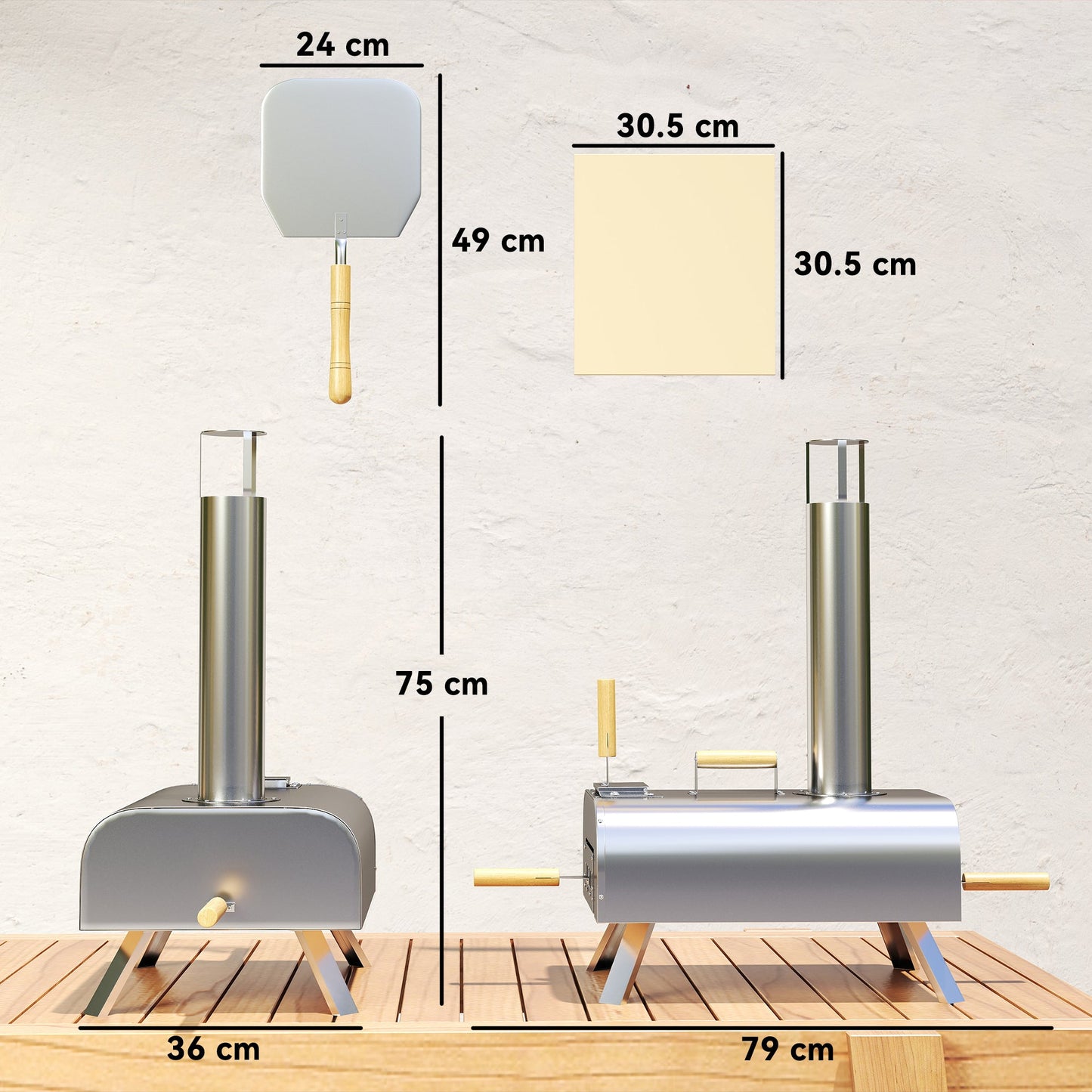 Wood Pellet Pizza Oven with Refractory Stone and Shovel, Stainless Steel, 79x36x75 cm, Silver