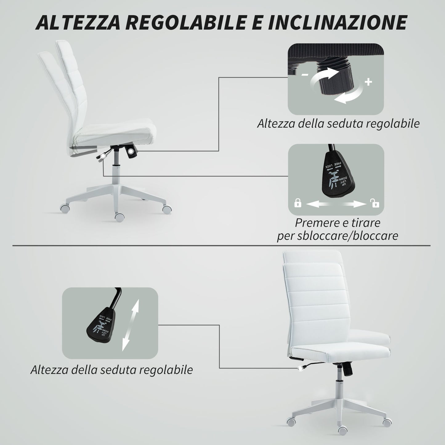 Ergonomic Office Chair with Curved Backrest, Adjustable PU Leather and Steel, 58x53x97-107 cm, White