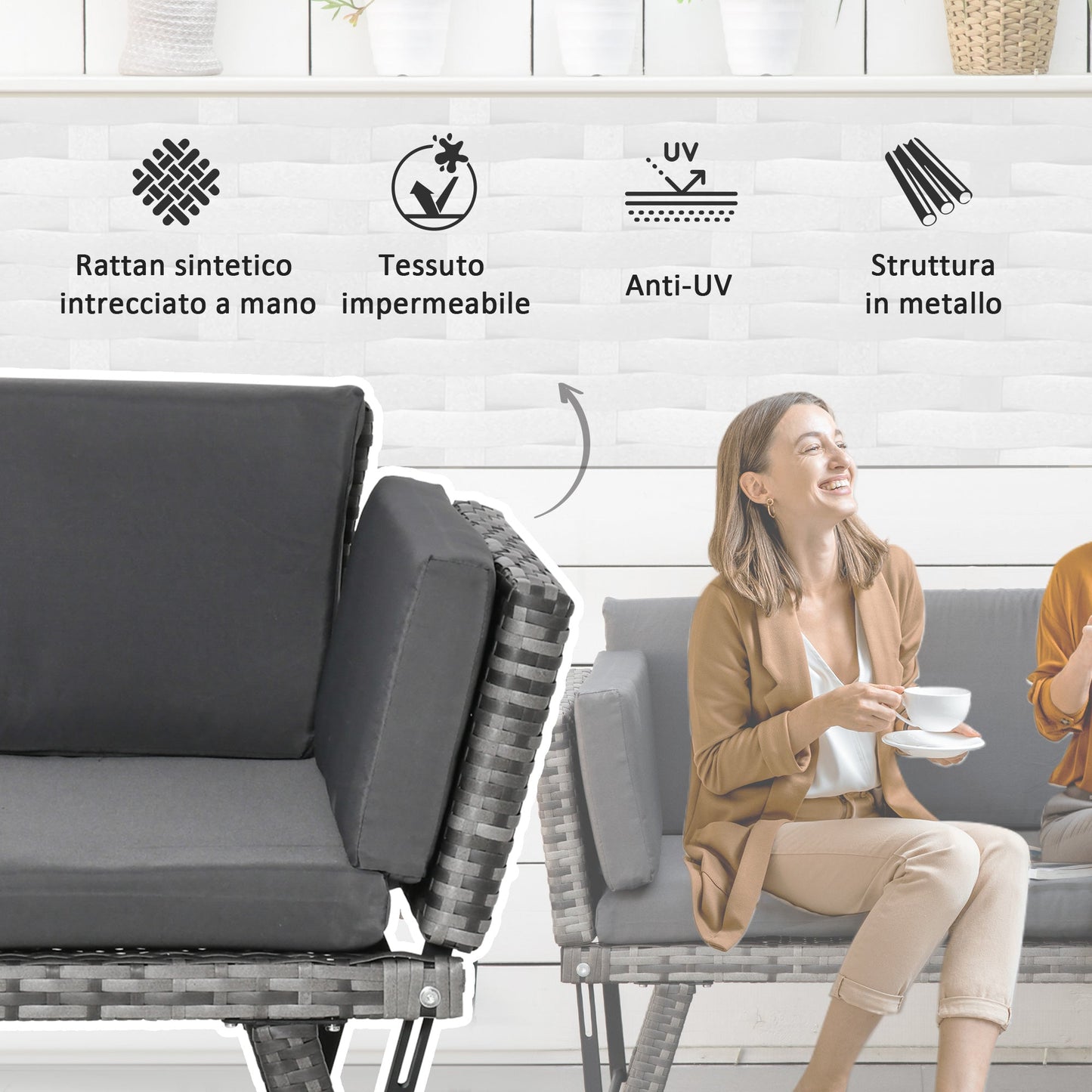 2 Seater Rattan Garden Sofa with Padding and Folding Armrests, 129x63x67cm, Grey