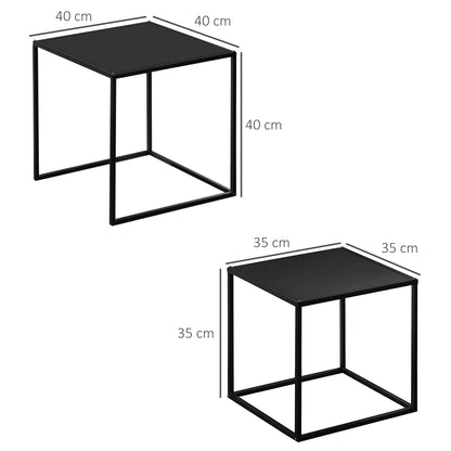 Set of 2 Square Stackable Coffee Tables for Living Room, Steel, Black