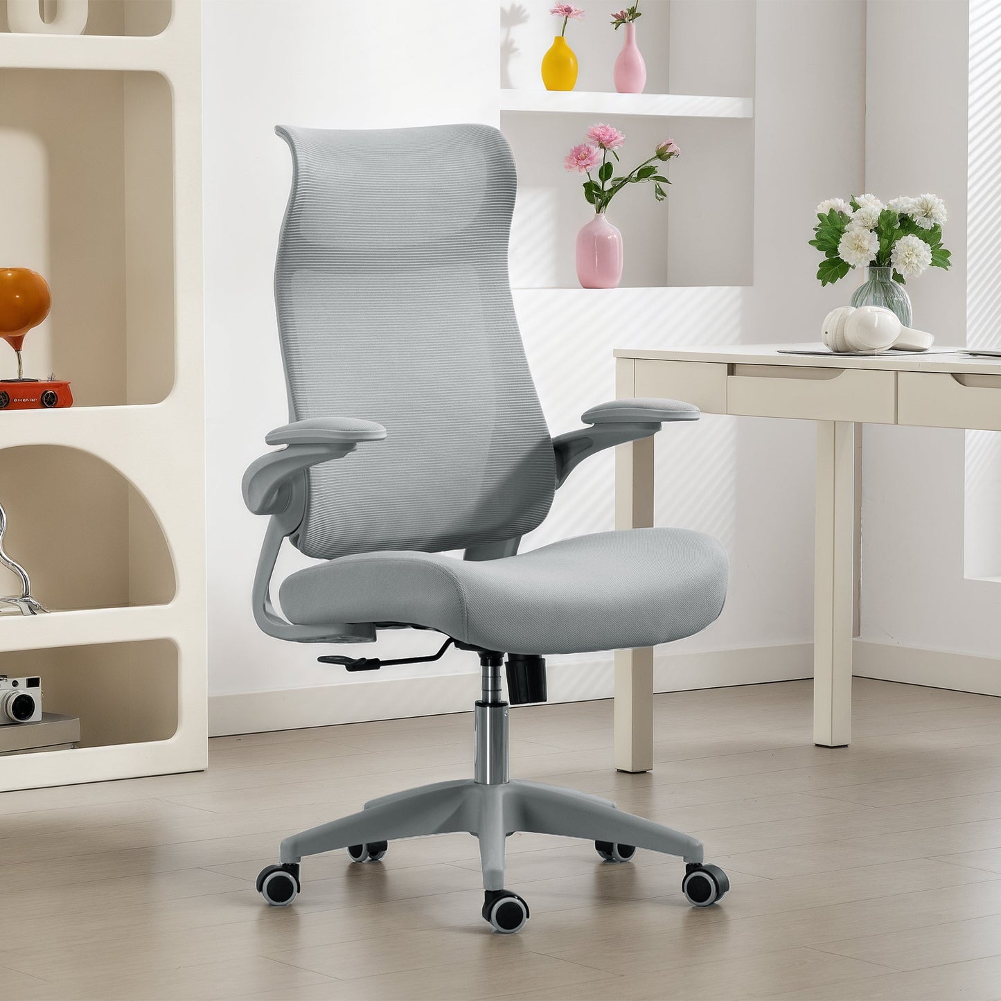 Ergonomic Office Chair with Adjustable Armrests, Mesh Backrest and Headrest, Grey