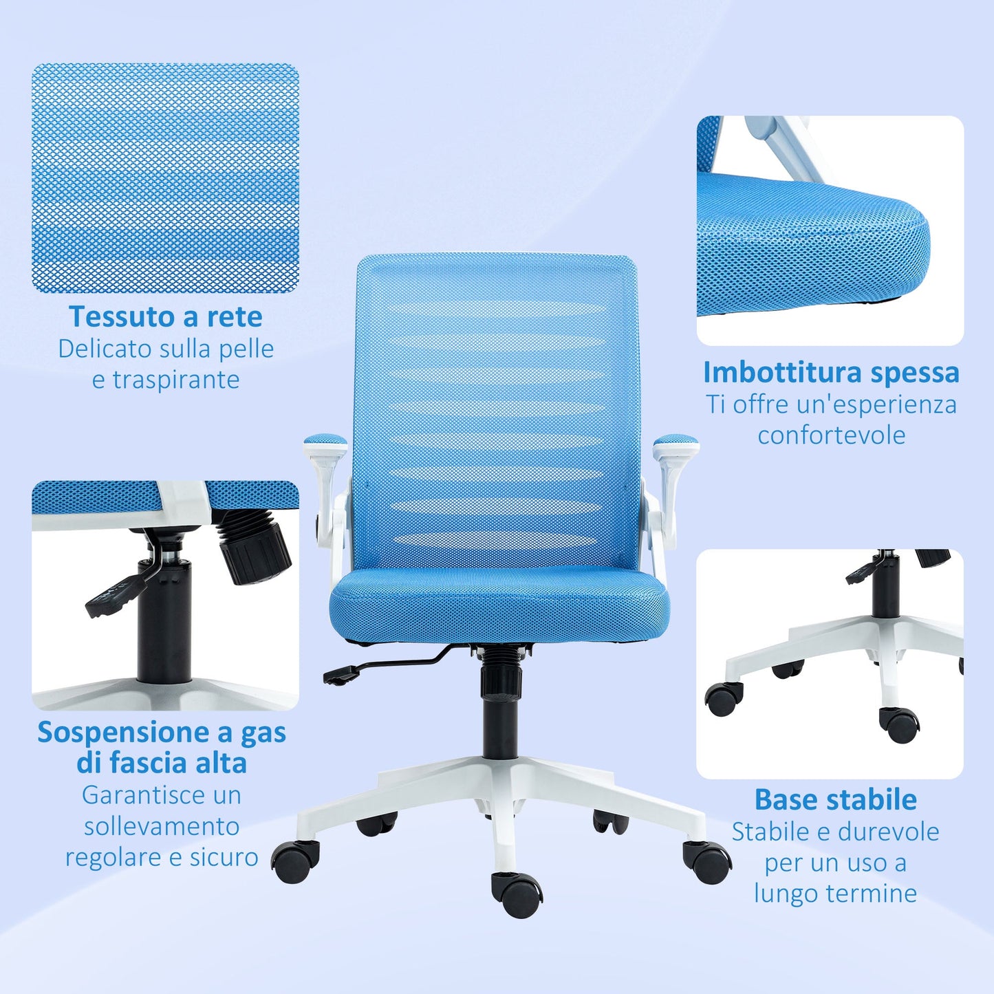 Ergonomic Swivel Chair with Adjustable Height and Armrests, 54x54x89-99 cm, White and Blue