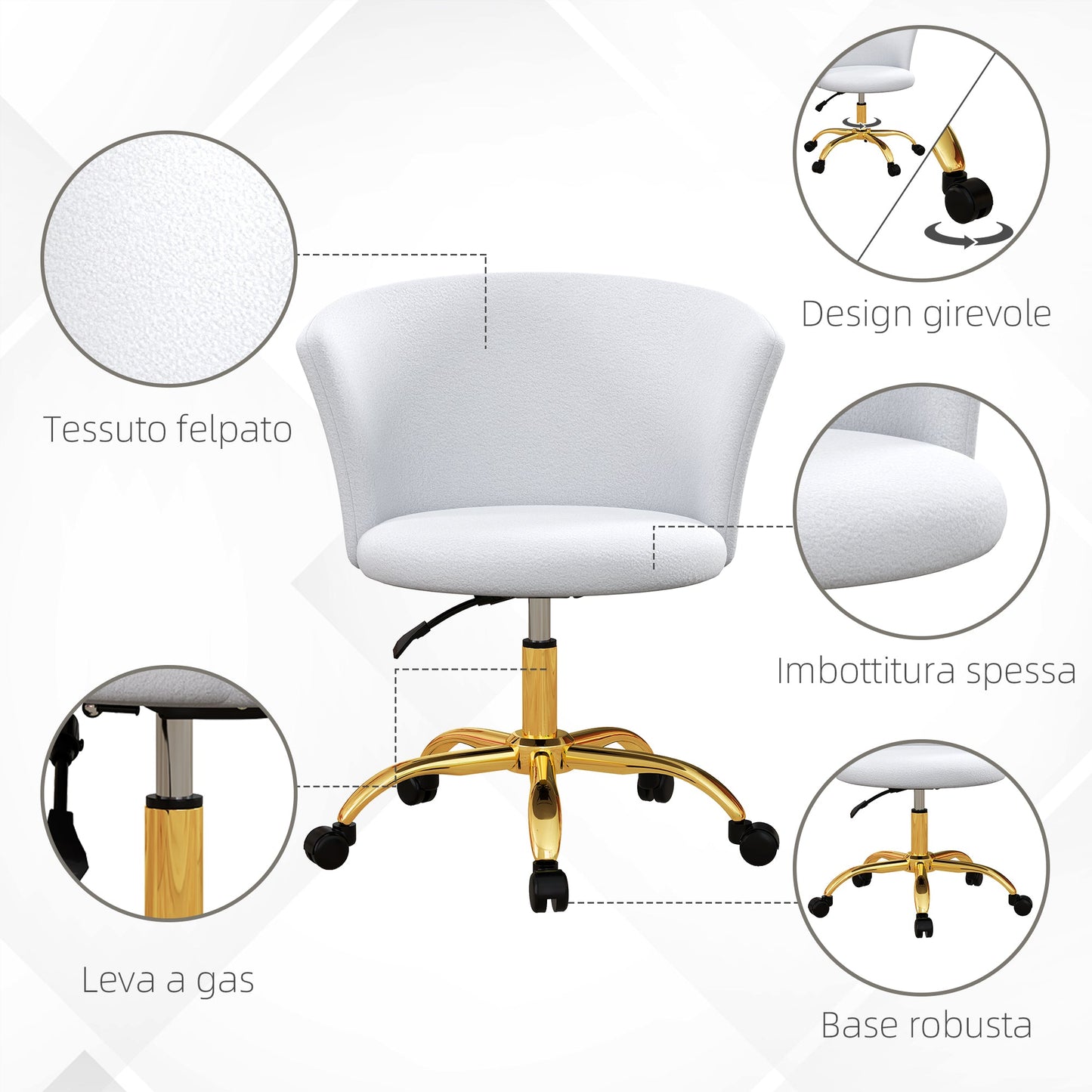 Height-Adjustable Office Chair with Swivel Seat and Teddy Velvet Upholstery, White and Gold