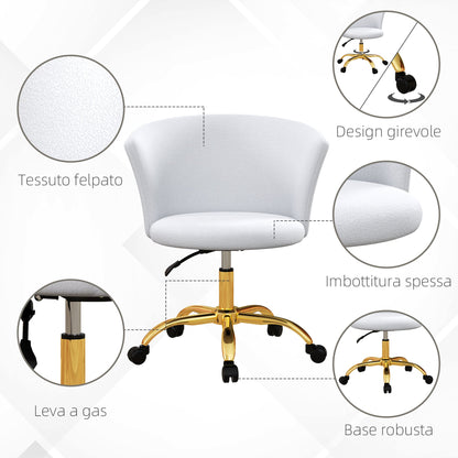 Height-Adjustable Office Chair with Swivel Seat and Teddy Velvet Upholstery, White and Gold