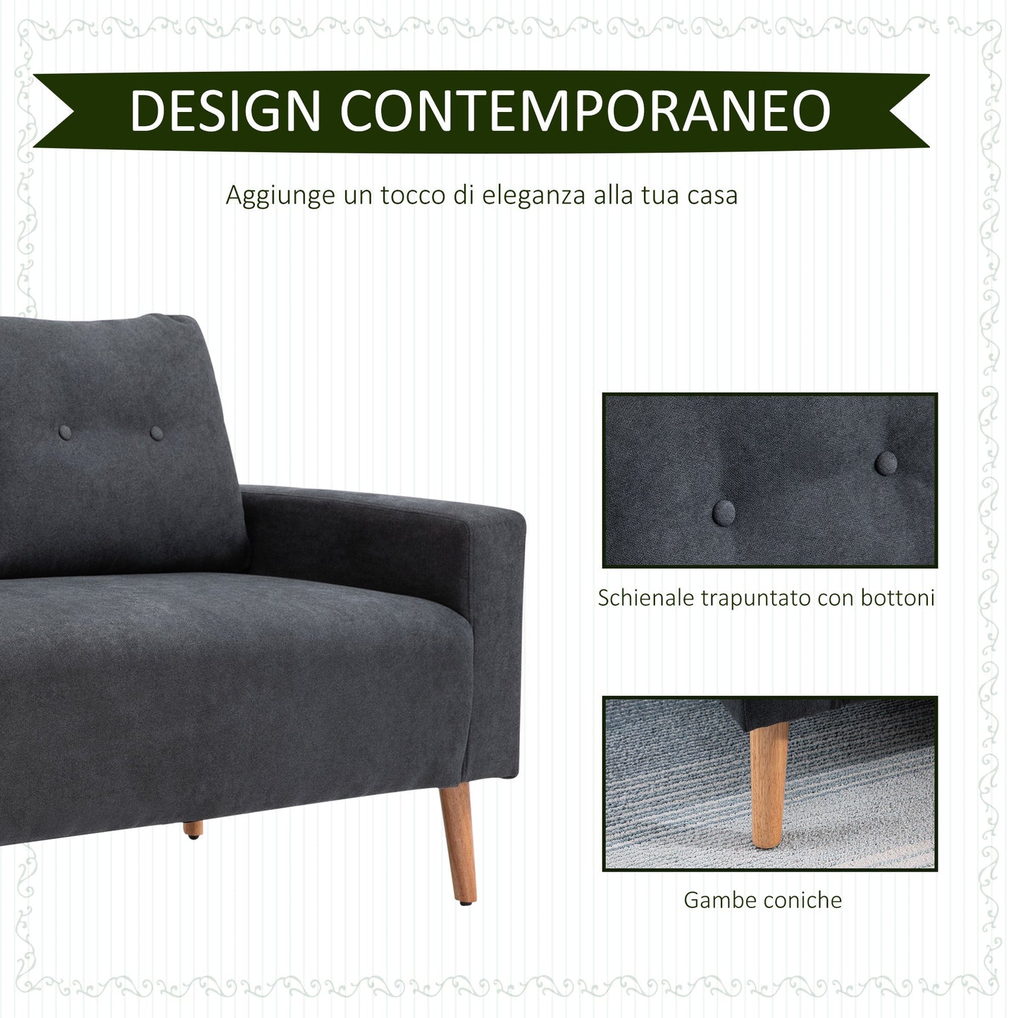 Nordic Style Modern 2-Seater Sofa with Quilted Fabric Backrest, 145x76x88 cm, Grey