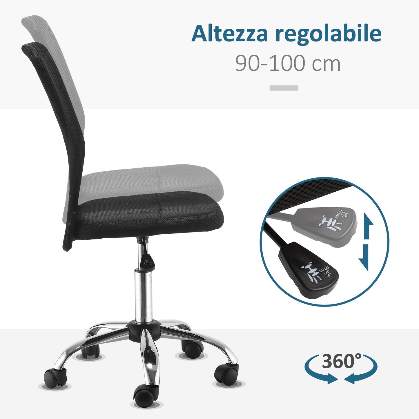 Ergonomic Office Chair Without Armrests, Breathable Mesh Fabric, Adjustable Height and 5 Wheels, 43x58x90-100cm, Black