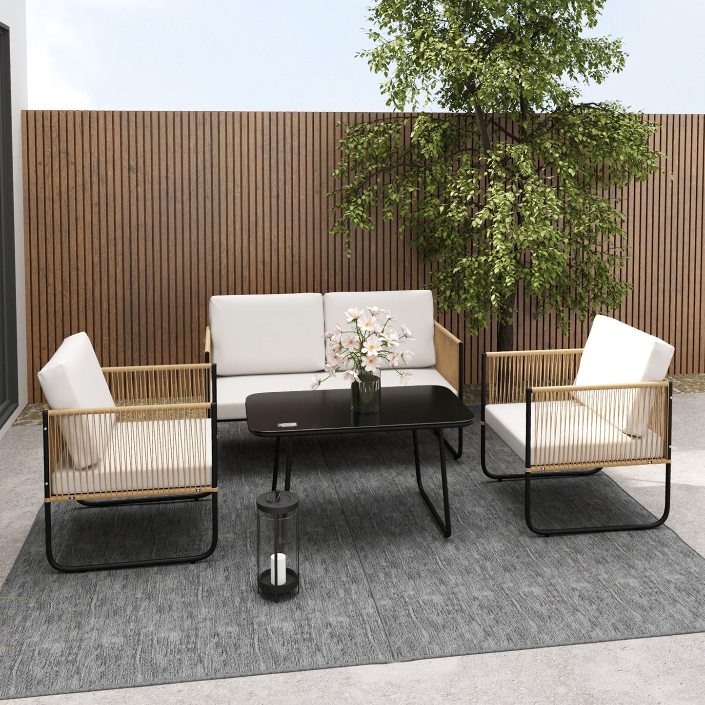 4 Piece Rattan and Steel Garden Set with Sofa, 2 Outdoor Armchairs and Low Table, Multicolor